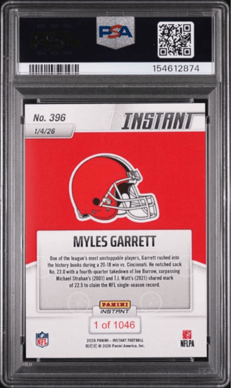 Graded 2025 Panini Instant Myles Garrett #396 Football Card PSA 10 Gem Mint