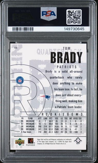 Graded 2000 UD Black Diamond Tom Brady #126 Rookie RC Football Card PSA 8 NM-MT
