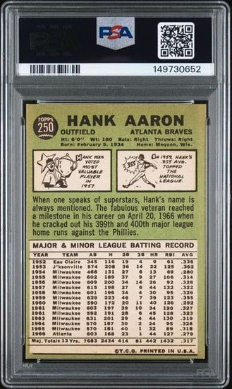 Graded 1967 Topps Hank Aaron #250 Baseball Card PSA 6 EX-MT