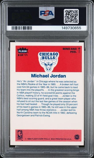 Graded 1986 Fleer Sticker Michael Jordan #8 Rookie RC Basketball Card PSA 5 Excellent