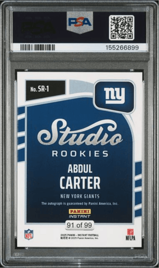 Graded 2025 Panini Instant Abdul Carter #SR1 Studio Rookies Auto /99 Rookie RC Football Card Authentic Auto PSA 10 Gem Mint