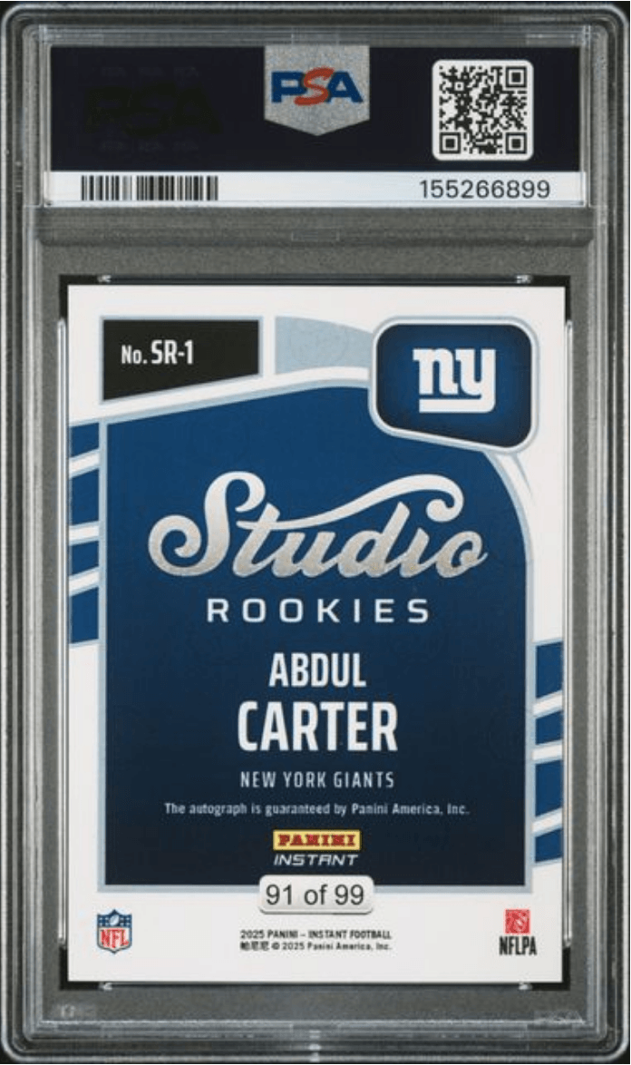 Graded 2025 Panini Instant Abdul Carter #SR1 Studio Rookies Auto /99 Rookie RC Football Card Authentic Auto PSA 10 Gem Mint