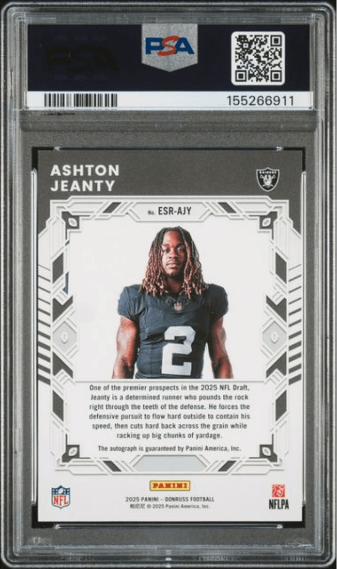 Graded 2025 Panini Donruss Ashton Jeanty #ESRAJY Elite Series Rookies Auto /99 Rookie RC Football Card Authentic Auto PSA 10 Gem Mint