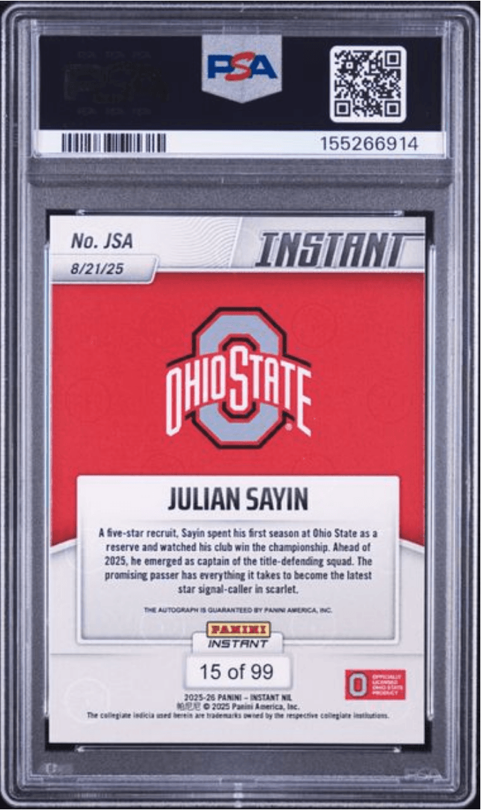 Graded 2025 Panini Instant Julian Sayin #JSA Autograph /99 Rookie RC Football Card Authentic Auto PSA 10 Gem Mint