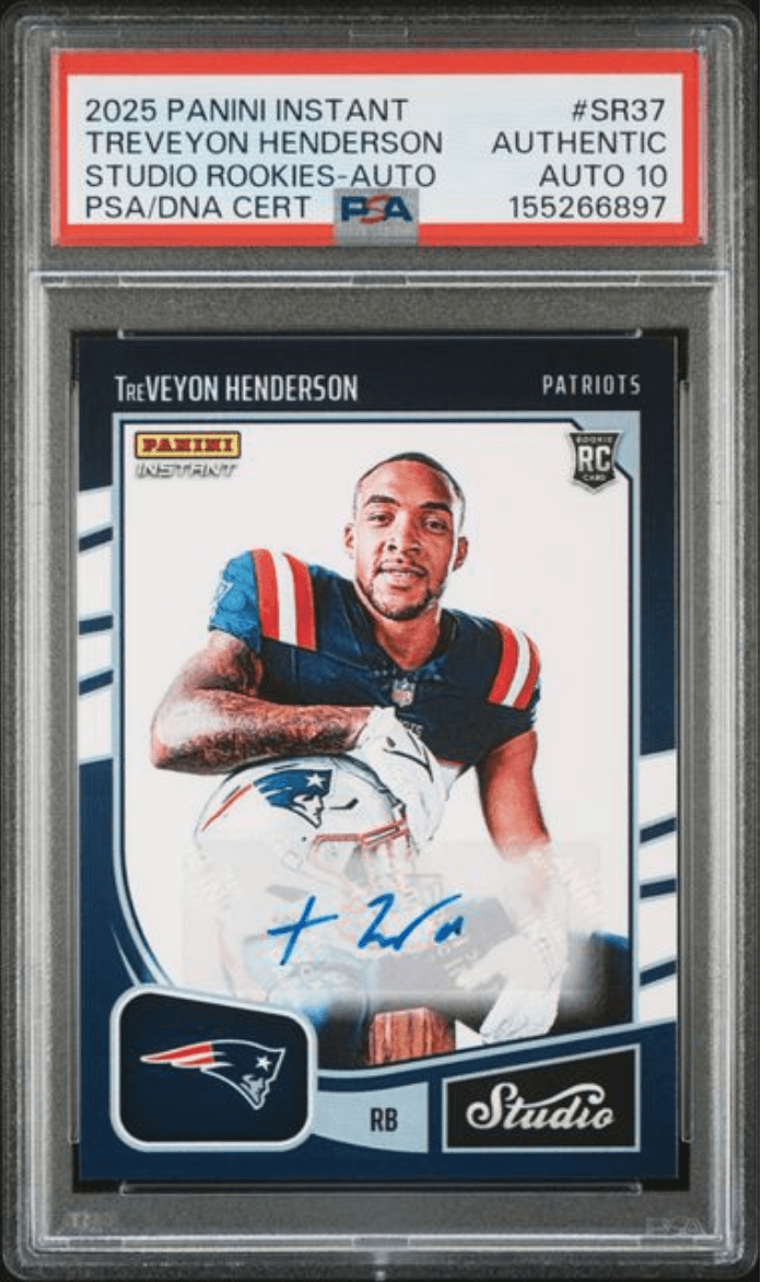 Graded 2025 Panini Instant Treveyon Henderson #SR37 Studio Rookies Auto /99 Rookie RC Football Card Authentic Auto PSA 10 Gem Mint