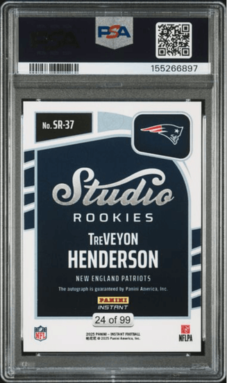 Graded 2025 Panini Instant Treveyon Henderson #SR37 Studio Rookies Auto /99 Rookie RC Football Card Authentic Auto PSA 10 Gem Mint