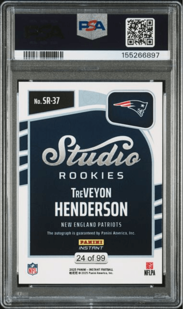 Graded 2025 Panini Instant Treveyon Henderson #SR37 Studio Rookies Auto /99 Rookie RC Football Card Authentic Auto PSA 10 Gem Mint