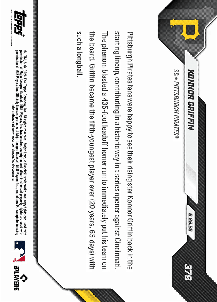 2026 Topps Now Konnor Griffin #379 5th Youngest in MLB History to Hit Leadoff Home Run Pittsburgh Pirates Rookie RC Baseball Card