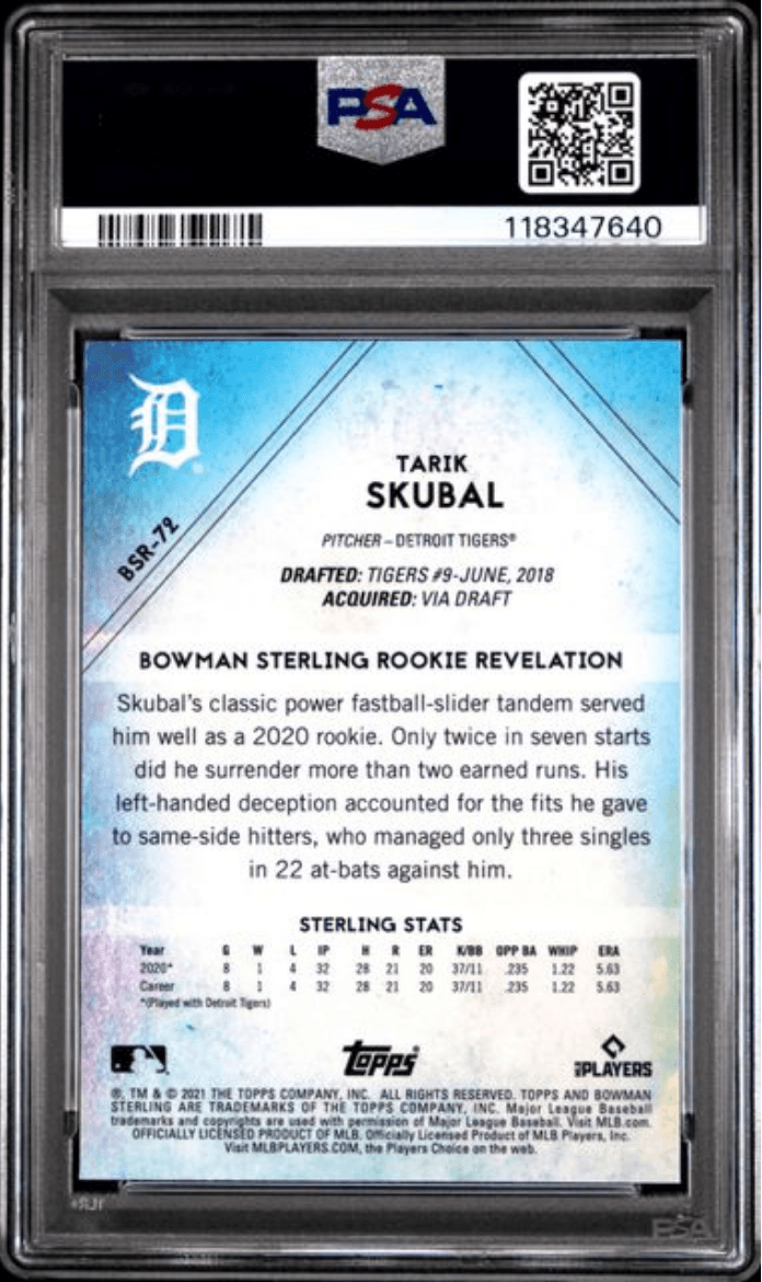 Graded 2021 Topps Bowman Sterling Tarik Skubal #BSR72 Rookie RC Baseball Card PSA 10 Gem Mint