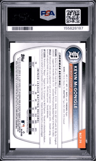 Graded 2025 Topps Bowman Kevin McGonigle #BCP79 Chrome Prospect Reptilian Refractor Rookie RC Baseball Card PSA 9 Mint