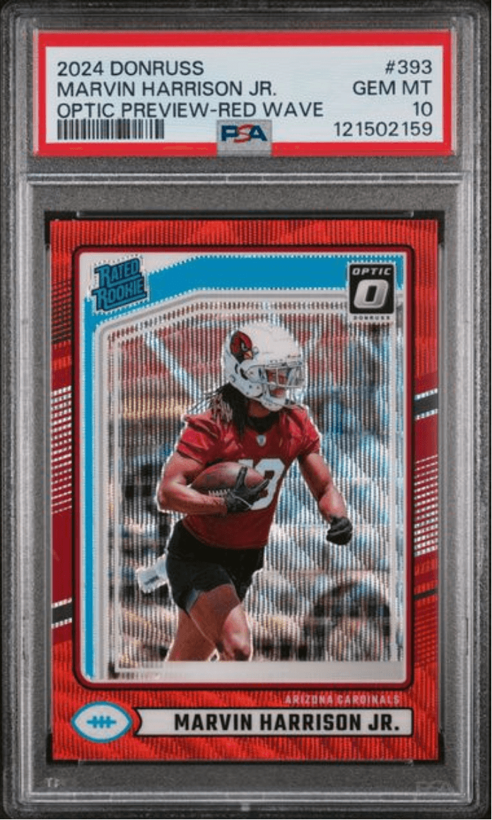 Graded 2024 Panini Donrus Marvin Harrison Jr #393 Optic Preview Red Wave Rookie RC Football Card PSA 10 Gem Mint