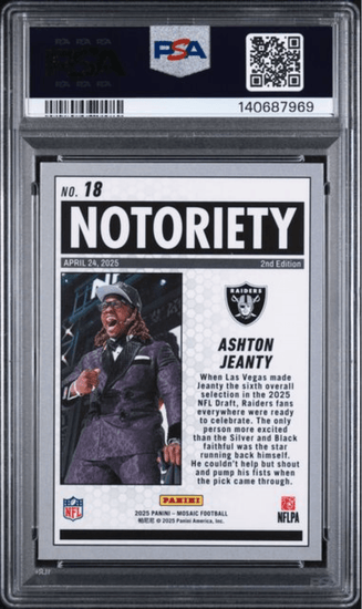 Graded 2025 Panini Mosaic Ashton Jeanty #18 Notoriety Rookie RC Football Card PSA 10 Gem Mint