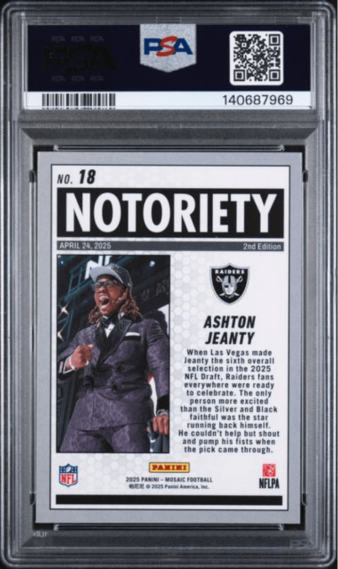 Graded 2025 Panini Mosaic Ashton Jeanty #18 Notoriety Rookie RC Football Card PSA 10 Gem Mint