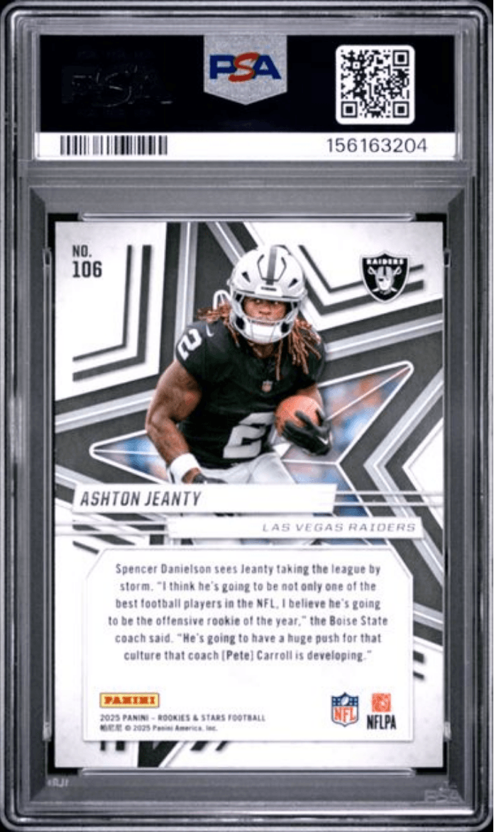 Graded 2025 Panini Rookies & Stars Ashton Jeanty #106 Purple /999 Rookie RC Football Card PSA 10 Gem Mint