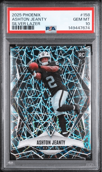 Graded 2025 Panini Phoenix Ashton Jeanty #158 Silver Lazer Rookie RC Football Card PSA 10 Gem Mint