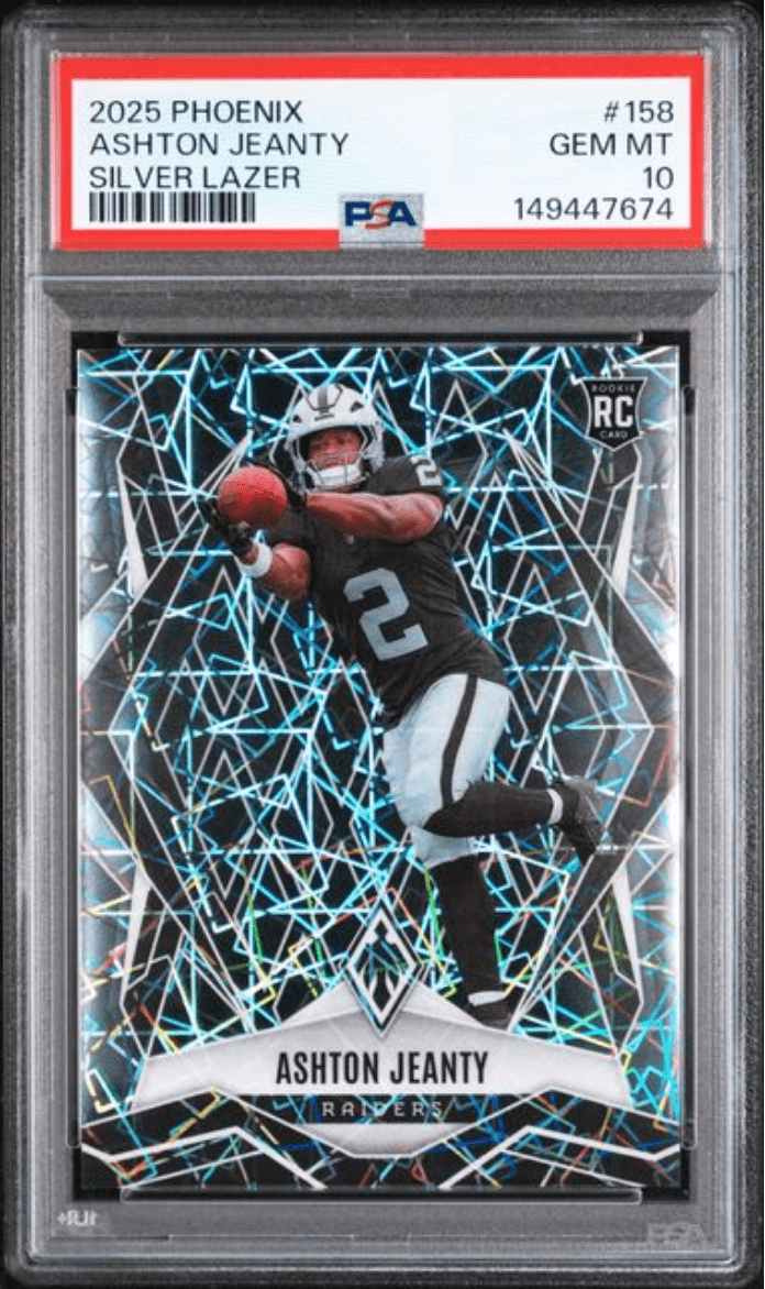 Graded 2025 Panini Phoenix Ashton Jeanty #158 Silver Lazer Rookie RC Football Card PSA 10 Gem Mint