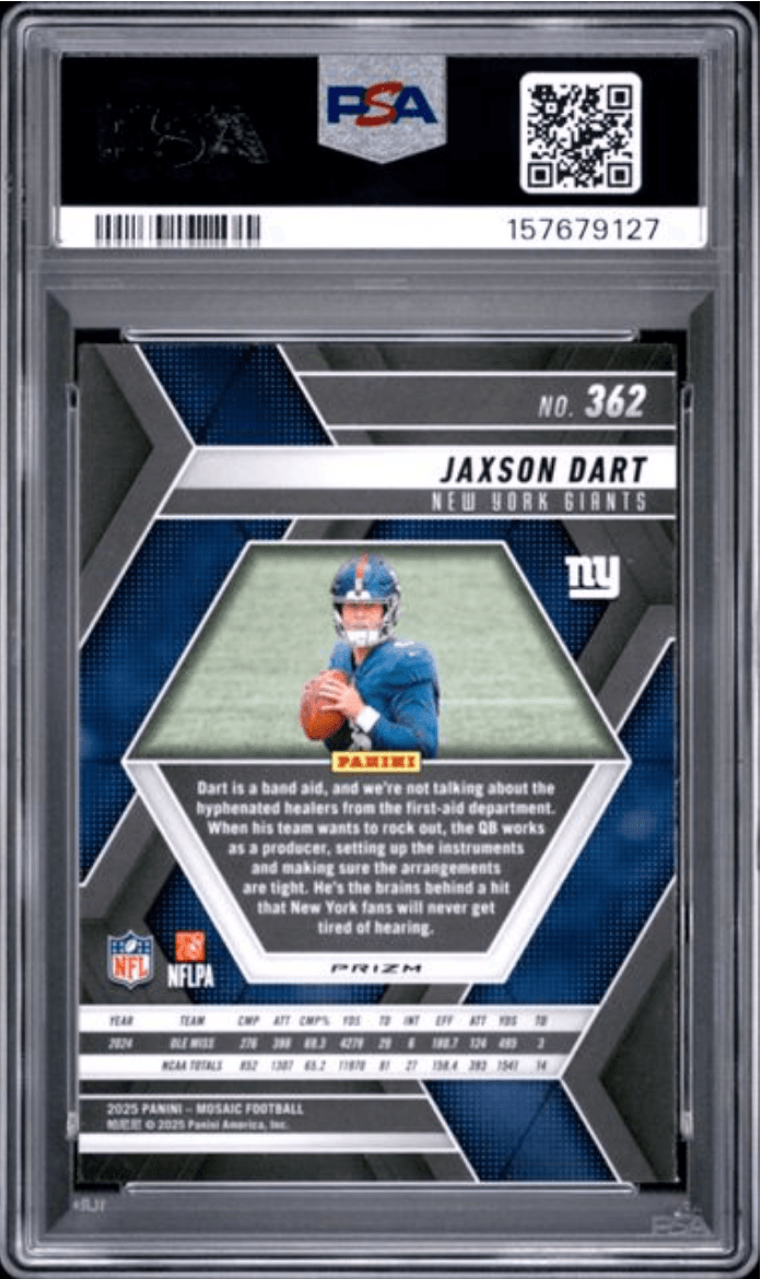 Graded 2025 Panini Mosaic Jaxson Dart #362 Silver Rookie RC Football Card PSA 10 Gem Mint
