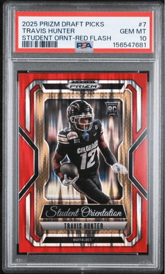 Graded 2025 Panini Prizm Draft Picks Travis Hunter #7 Student Orientation Red Flash /49 Rookie RC Football Card PSA 10 Gem Mint