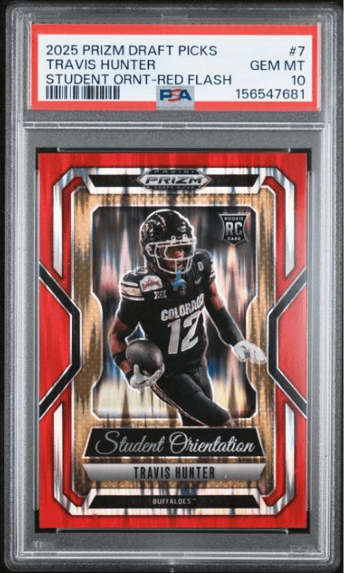 Graded 2025 Panini Prizm Draft Picks Travis Hunter #7 Student Orientation Red Flash /49 Rookie RC Football Card PSA 10 Gem Mint