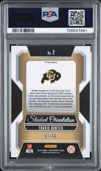 Graded 2025 Panini Prizm Draft Picks Travis Hunter #7 Student Orientation Red Flash /49 Rookie RC Football Card PSA 10 Gem Mint