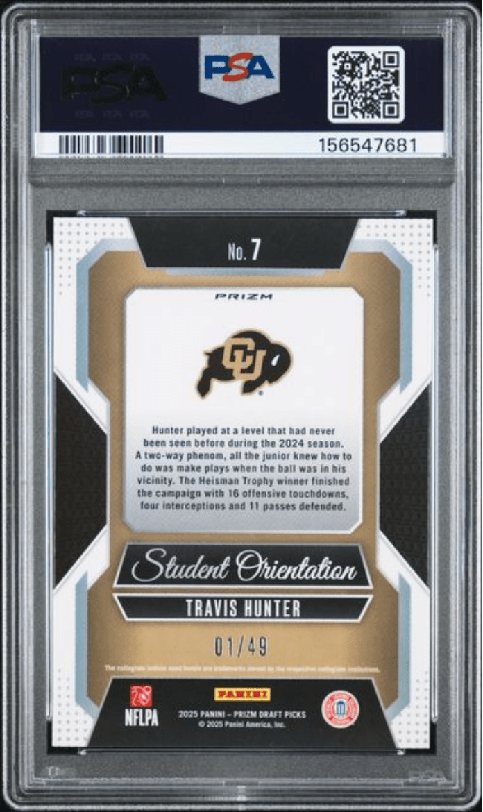 Graded 2025 Panini Prizm Draft Picks Travis Hunter #7 Student Orientation Red Flash /49 Rookie RC Football Card PSA 10 Gem Mint