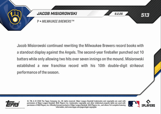 2026 Topps Now Jacob Misiorowski #513 10th Start of 10+Ks Sets Brewers Single Season Mark Milwaukee Brewers Rookie RC Baseball Card