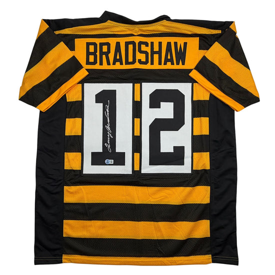 Autographed/Signed Terry Bradshaw Pittsburgh Bumble Bee Football Jersey Beckett BAS COA