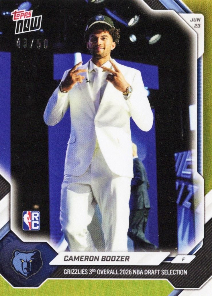 2026 Topps Now Cameron Boozer #CBOO Gold Foil /50Grizzlies 3rd Overall 2026 NBA Draft Selections Memphis Grizzlies Rookie RC Basketball Card