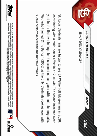 2026 Topps Now JJ Wetherholt #362 Red Foil /5 2nd Club Rookie with Home Runs in 1st Two Innings St Louis Cardinals Rookie RC Baseball Card