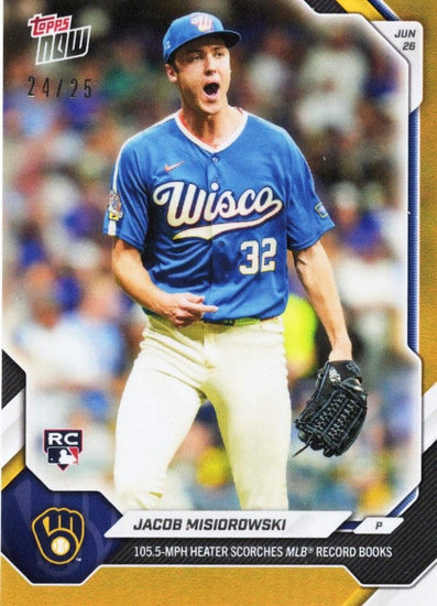 2026 Topps Now Jacob Misiorowski #383 Orange Foil /25 105.5MPH Heater Scorches MLB Record Books Milwaukee Brewers Rookie RC Baseball Card