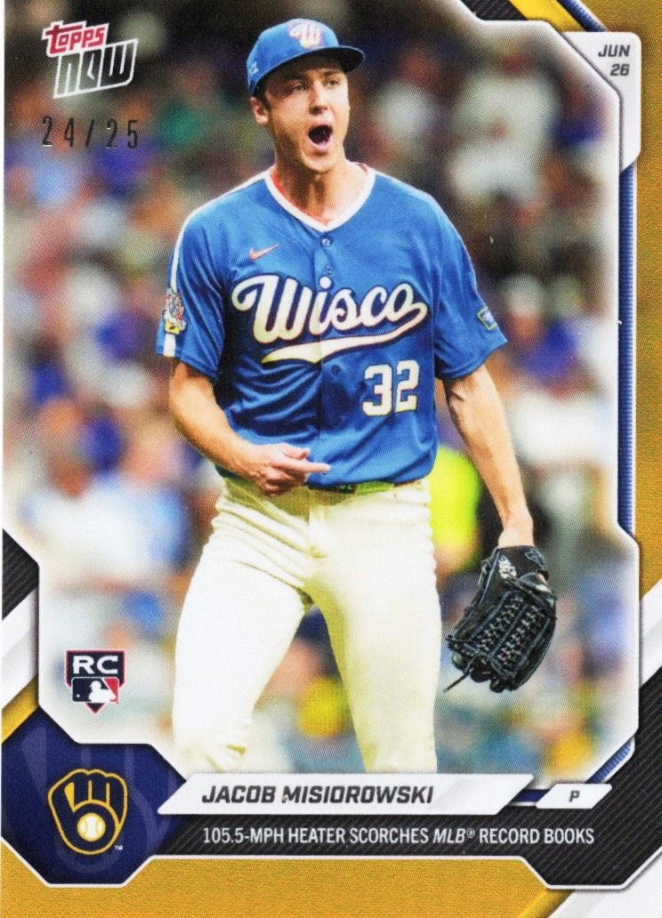 2026 Topps Now Jacob Misiorowski #383 Orange Foil /25 105.5MPH Heater Scorches MLB Record Books Milwaukee Brewers Rookie RC Baseball Card