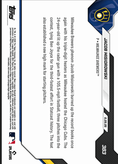 2026 Topps Now Jacob Misiorowski #383 Gold Foil /50 105.5MPH Heater Scorches MLB Record Books Milwaukee Brewers Rookie RC Baseball Card