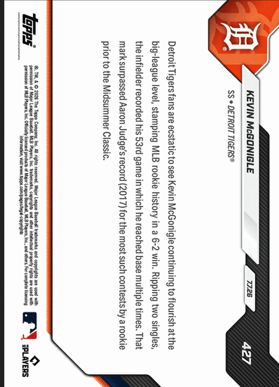2026 Topps Now Kevin McGonigle #427 Black Foil /10 53rd Multiple On Base Game Sets MLB Rookie Mark Detroit Tigers Rookie RC Baseball Card