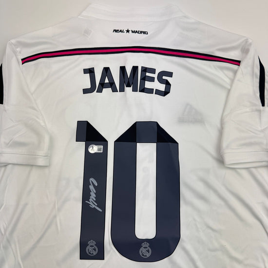 Autographed/Signed James Rodriguez Real Madrid White Soccer Futbol Jersey Beckett BAS COA