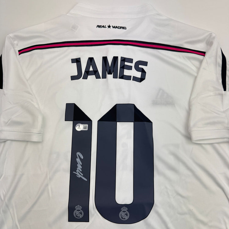 Autographed/Signed James Rodriguez Real Madrid White Soccer Futbol Jersey Beckett BAS COA