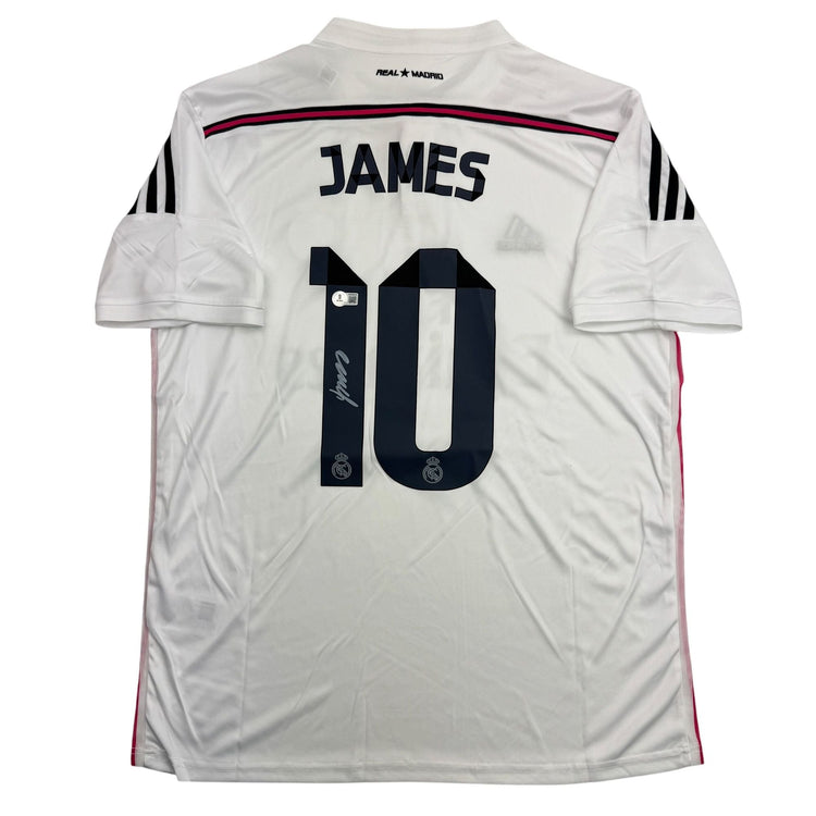 Autographed/Signed James Rodriguez Real Madrid White Soccer Futbol Jersey Beckett BAS COA