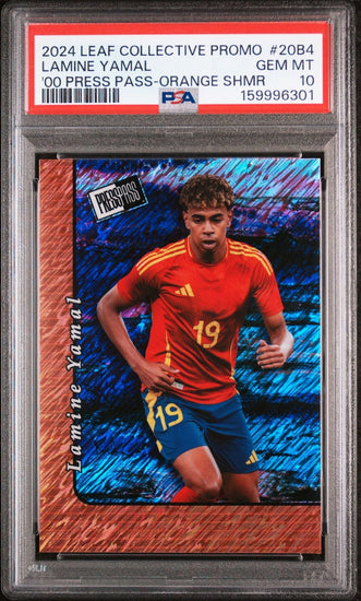 Graded 2024 Leaf Collective Promo Lamine Yamal #20B4 00 Press Pass Orange Shimmer /299 Soccer Card PSA 10 Gem Mint
