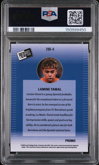 Graded 2024 Leaf Collective Promo Lamine Yamal #20B4 00 Press Pass Light Blue Shimmer /299 Soccer Card PSA 10 Gem Mint