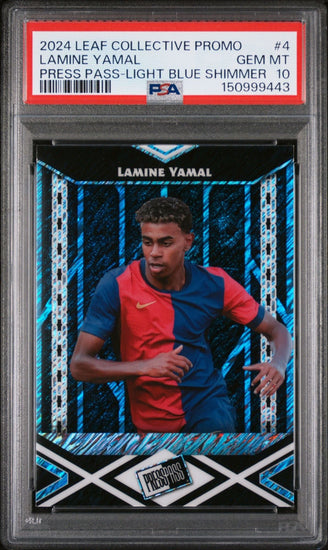 Graded 2024 Leaf Collective Promo Lamine Yamal #4 Press Pass Light Blue Shimmer Soccer Card PSA 10 Gem Mint