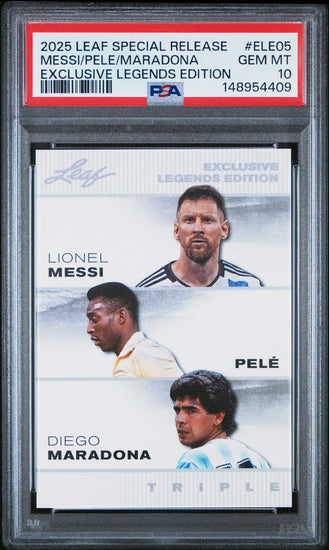 Graded 2025 Leaf Special Release Lionel Messi Pele Maradona #ELE05 Exclusive Legends Edition Soccer Card PSA 10 Gem Mint