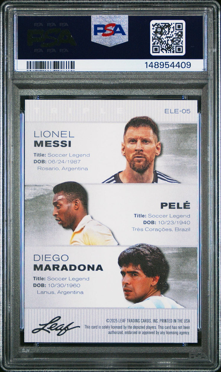 Graded 2025 Leaf Special Release Lionel Messi Pele Maradona #ELE05 Exclusive Legends Edition Soccer Card PSA 10 Gem Mint