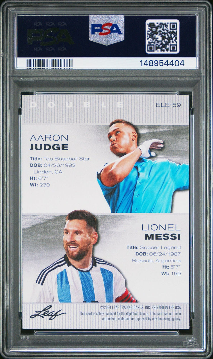 Graded 2024 Leaf Special Release Lionel Messi Aaron Judge #ELE59 Exclusive Legends Edition Soccer Card PSA 10 Gem Mint