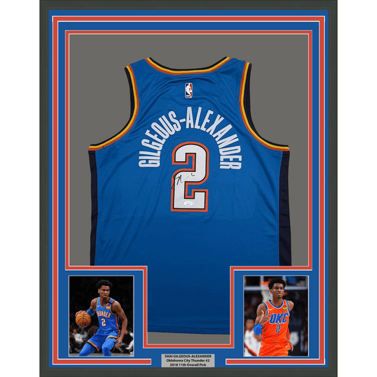 Framed Autographed/Signed Shai Gilgeous-Alexander 35x39 SGA Oklahoma City OKC Thunder Blue Authentic Basketball Jersey JSA COA
