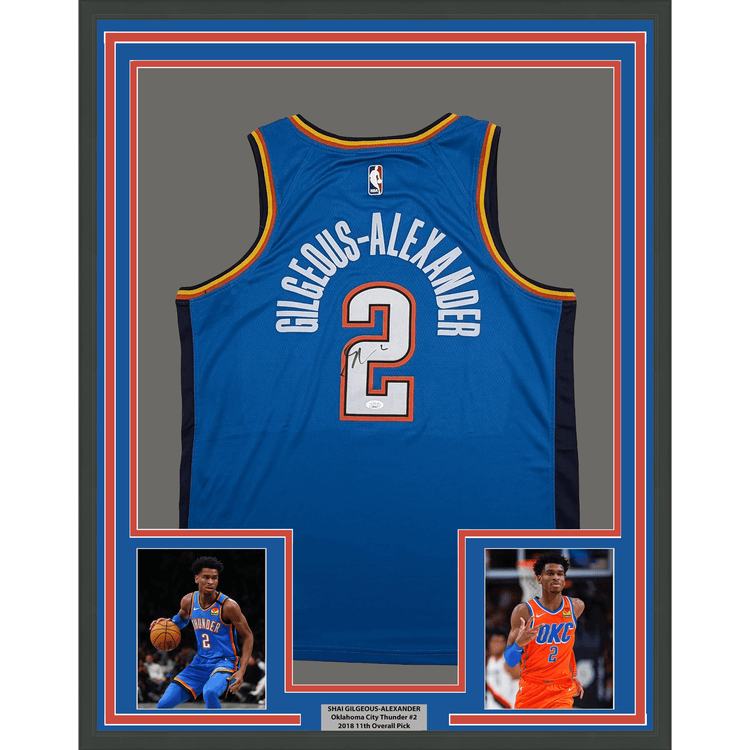 Framed Autographed/Signed Shai Gilgeous-Alexander 35x39 SGA Oklahoma City OKC Thunder Blue Authentic Basketball Jersey JSA COA