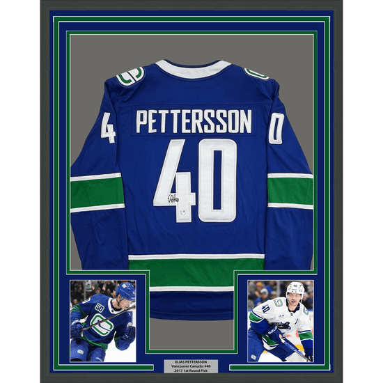Framed Autographed/Signed Elias Pettersson 35x39 Vancouver Canucks Blue Authentic Hockey Jersey Fanatics COA