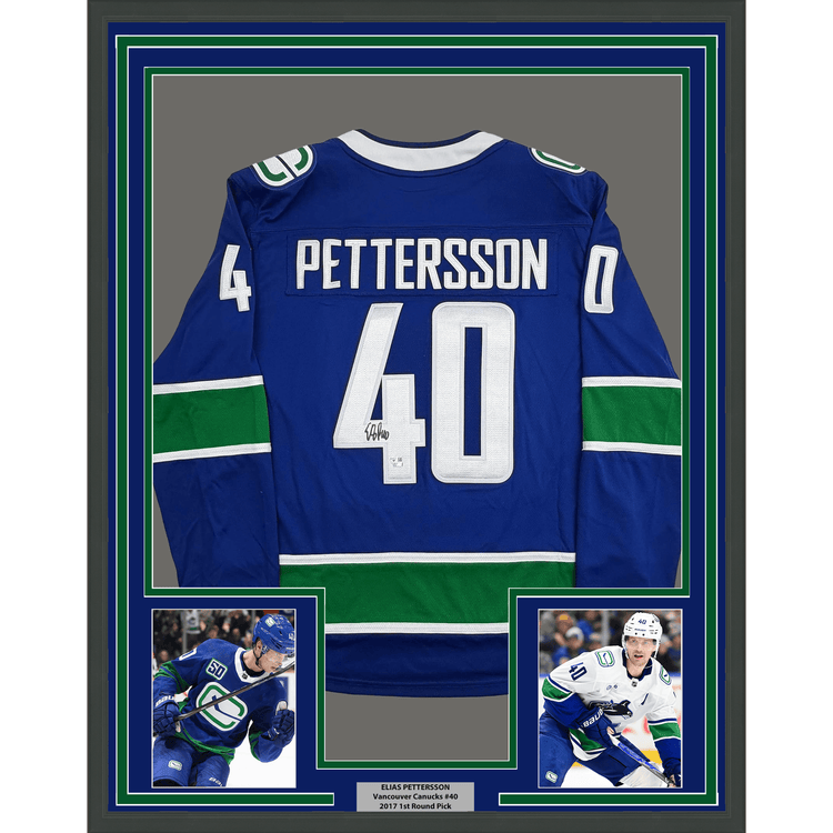 Framed Autographed/Signed Elias Pettersson 35x39 Vancouver Canucks Blue Authentic Hockey Jersey Fanatics COA