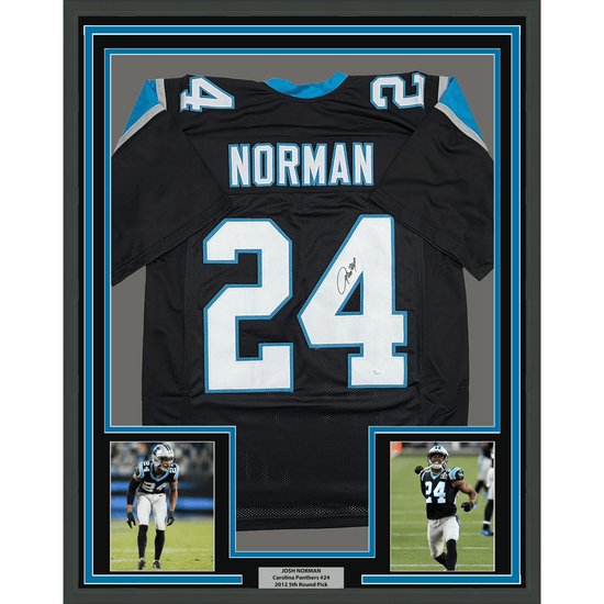 Framed Autographed/Signed Josh Norman 35x39 Carolina Black Football Jersey JSA COA