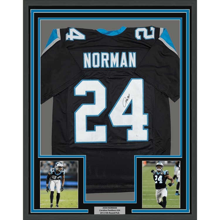 Framed Autographed/Signed Josh Norman 35x39 Carolina Black Football Jersey JSA COA