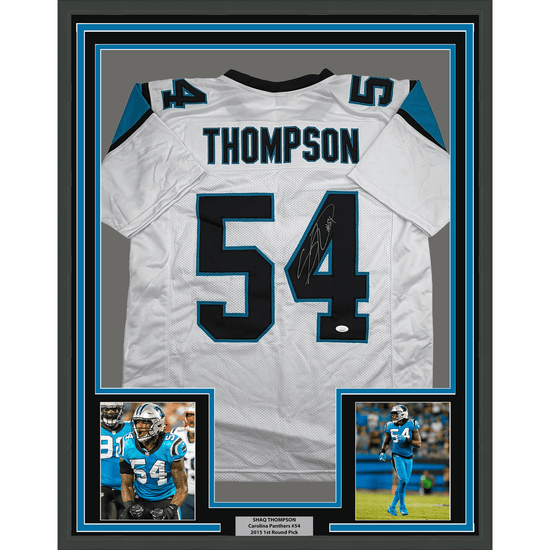 Framed Autographed/Signed Shaq Thompson 35x39 Carolina White Football Jersey JSA COA