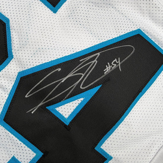 Framed Autographed/Signed Shaq Thompson 35x39 Carolina White Football Jersey JSA COA